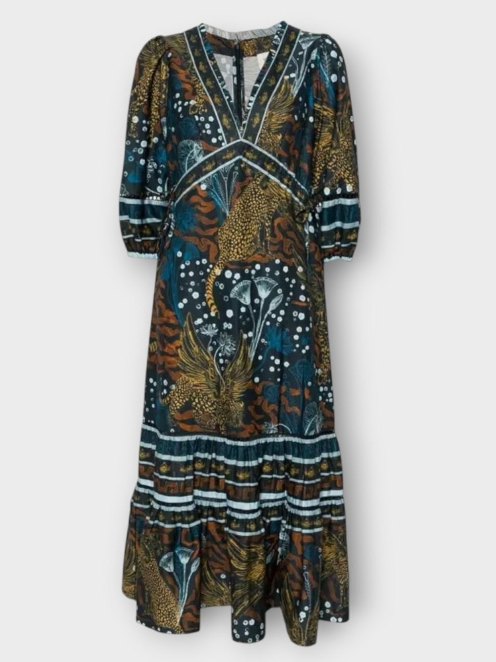 New! Marchesa Rosa Flying Cheeta Tiered Midi Dress Sz 12
